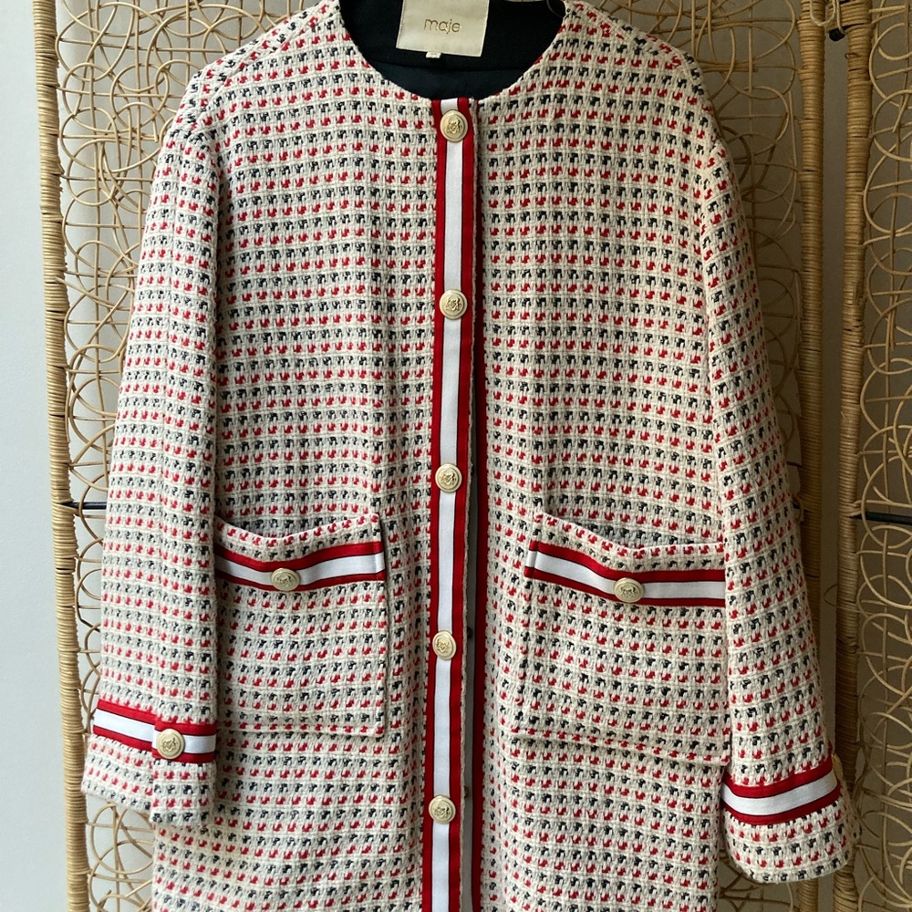 Maje Red and White Tweed Blazer